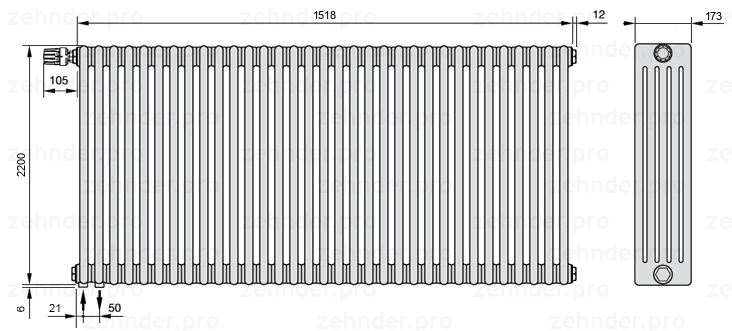 Схема (чертеж) Радиатор Zehnder Charleston 5220/33 №V001 Белый глянцевый RAL 9016